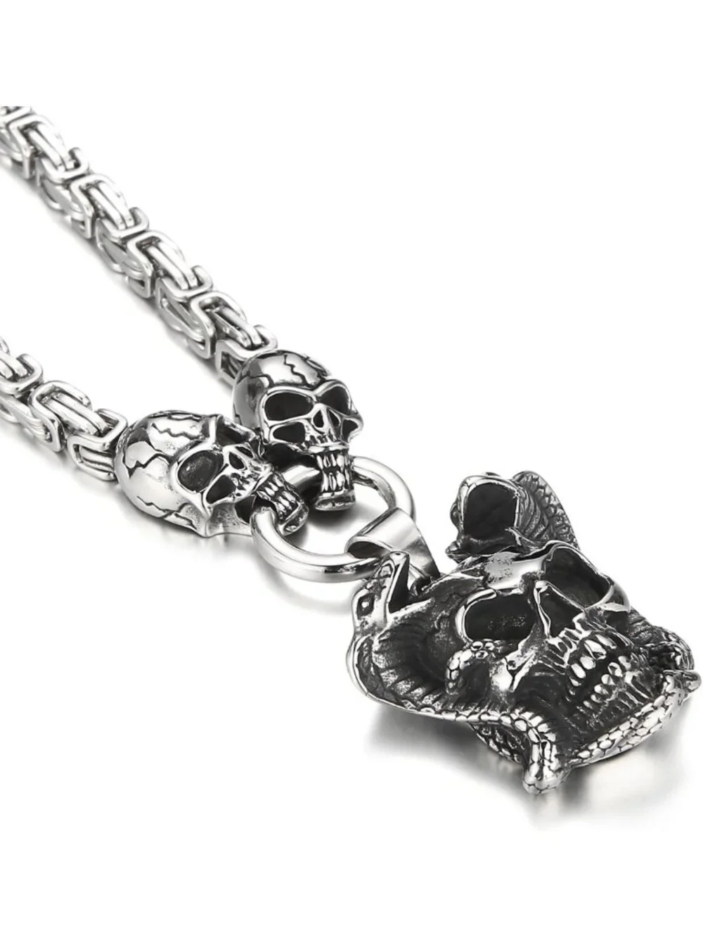 Gothic Skull Snake Pendant Necklace for Men & Women - Stainless Steel Cuban Link